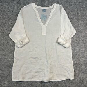 Shade & Shore White Cotton Long Sleeve Swim Beach Cover up Shirt Dress V-neck